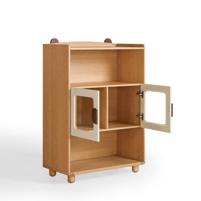 Hana Natural Wood Color Kids' Bookcase with Doors and Open Shelves/Solid Wood Legs