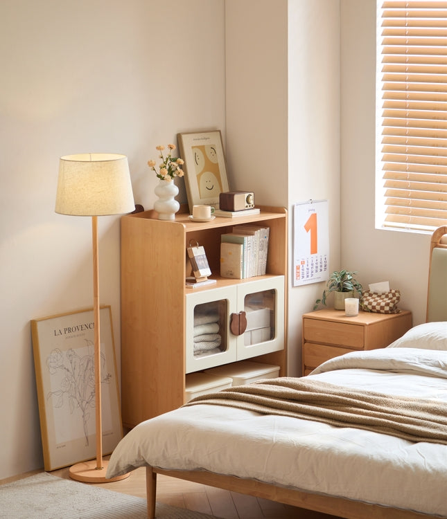 Hana Natural Wood Color Kids' Bookcase with Doors and Open Shelves/Solid Wood Legs