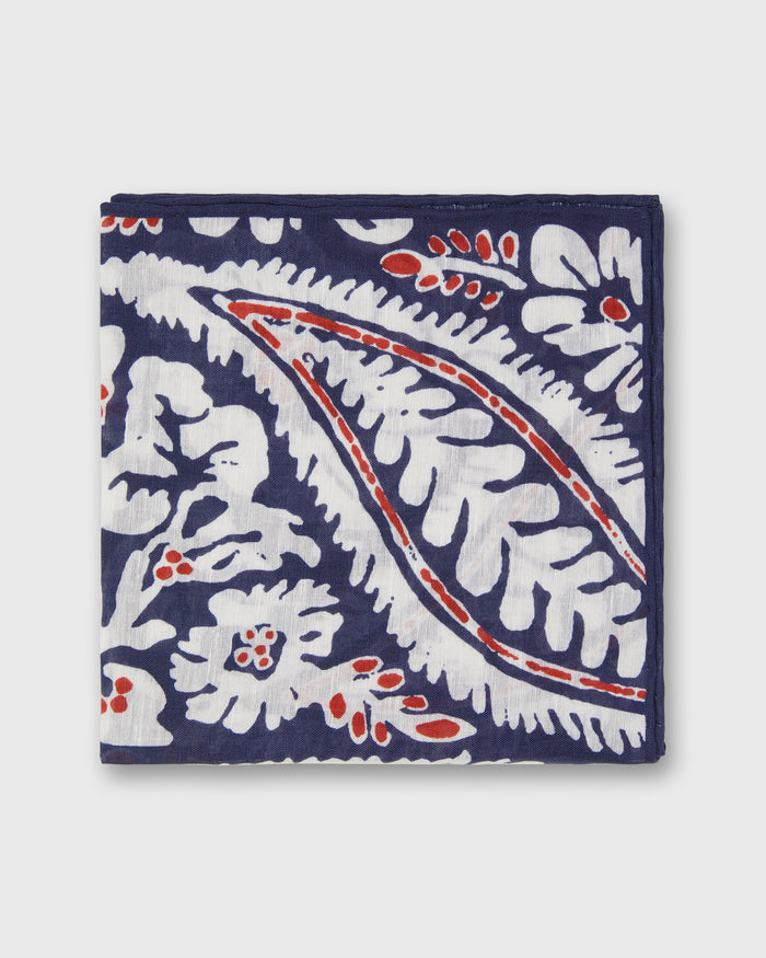 Hand-Rolled Cotolino Pocket Square in Navy/Chalk/Red Large Paisley