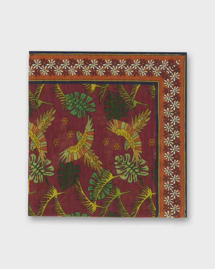 Hand-Rolled Cotton Pocket Square in Berry/Orange Tropical Bird