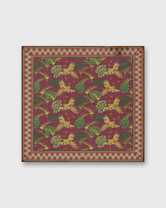 Hand-Rolled Cotton Pocket Square in Berry/Orange Tropical Bird