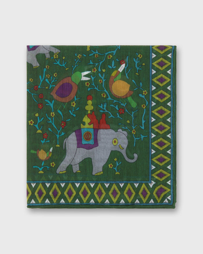 Hand-Rolled Cotton Pocket Square in Green/Purple Elephant