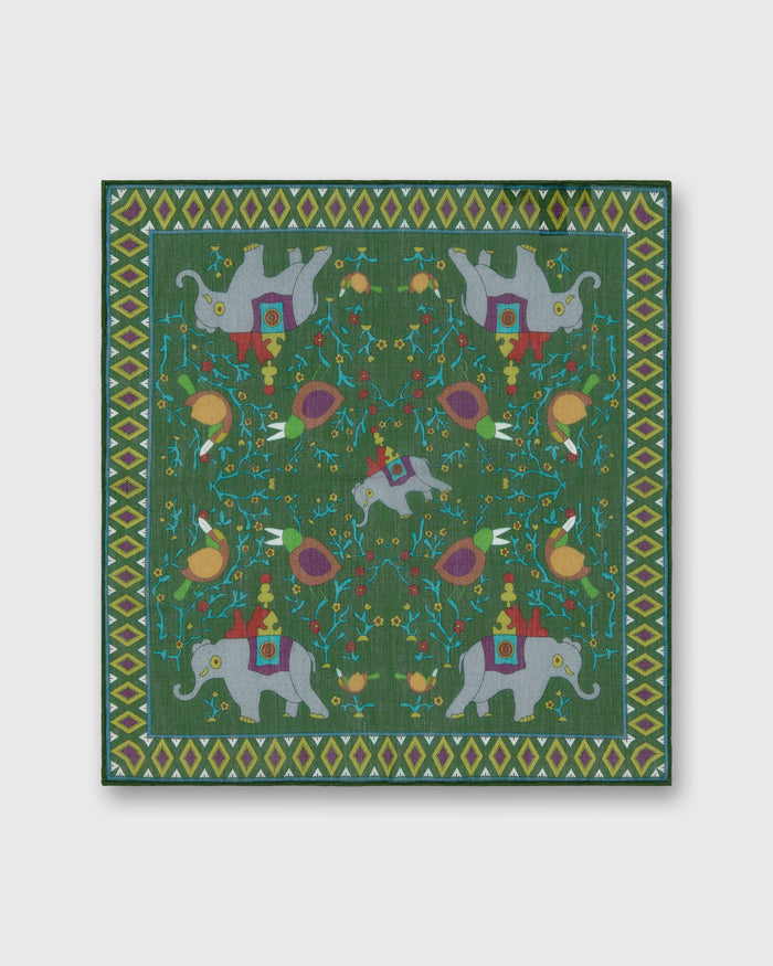 Hand-Rolled Cotton Pocket Square in Green/Purple Elephant
