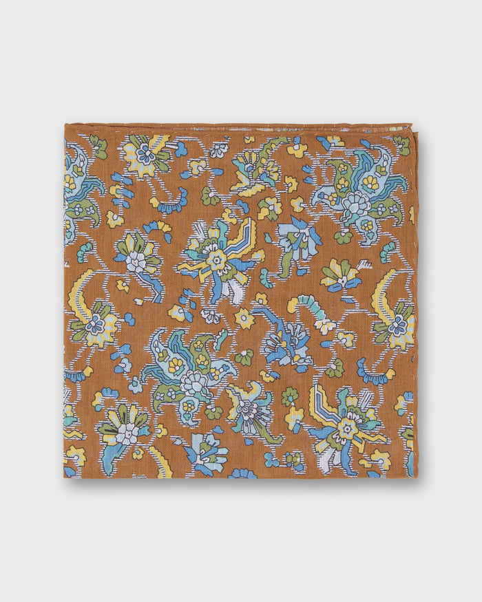 Hand-Rolled Linen/Cotton Pocket Square in Cognac/Sky Jacobean Floral