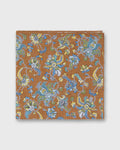 Hand-Rolled Linen/Cotton Pocket Square in Cognac/Sky Jacobean Floral