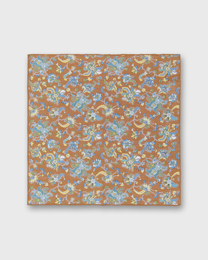 Hand-Rolled Linen/Cotton Pocket Square in Cognac/Sky Jacobean Floral