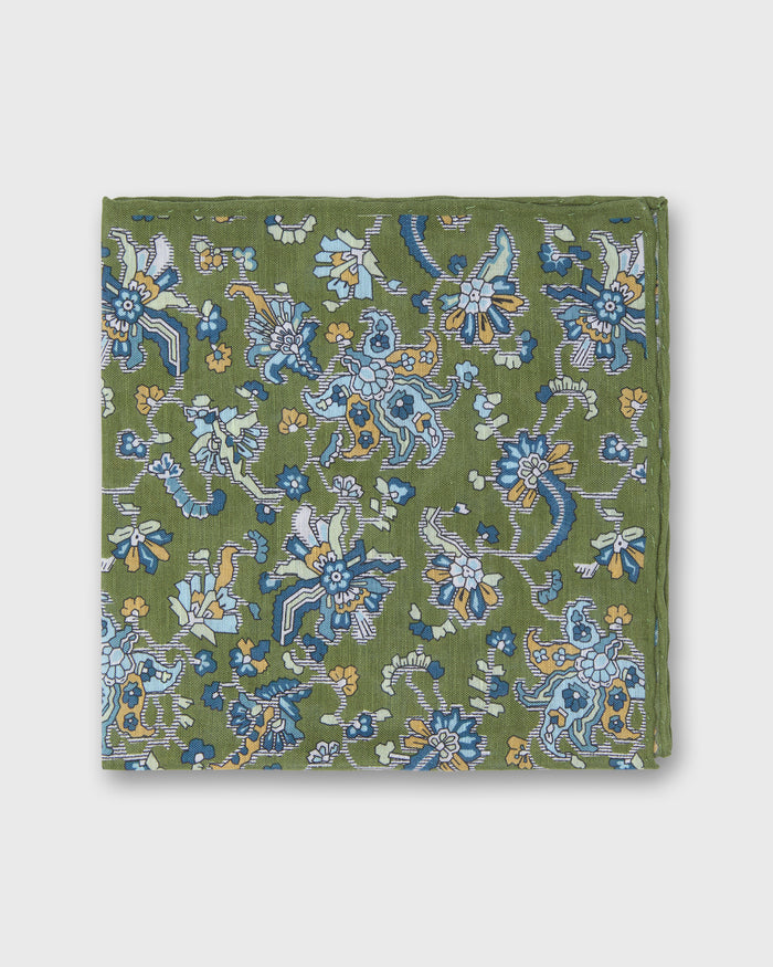 Hand-Rolled Linen/Cotton Pocket Square in Green/Sky Jacobean Floral