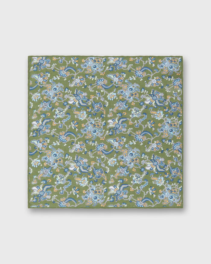 Hand-Rolled Linen/Cotton Pocket Square in Green/Sky Jacobean Floral