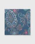 Linen/Cotton Print Pocket Square Prussian Blue/Sage/Red Paisley