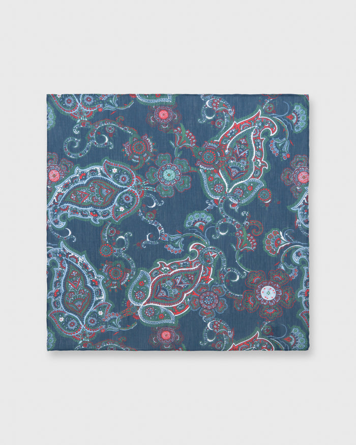 Linen/Cotton Print Pocket Square Prussian Blue/Sage/Red Paisley