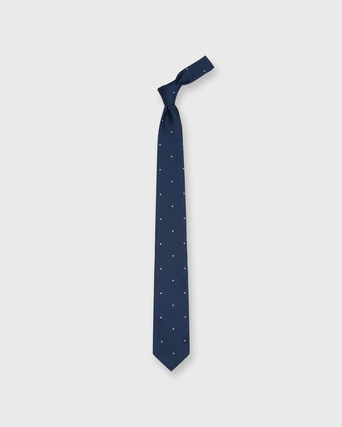 Hand-Rolled Silk Woven Tie in Navy/Lilac Dot