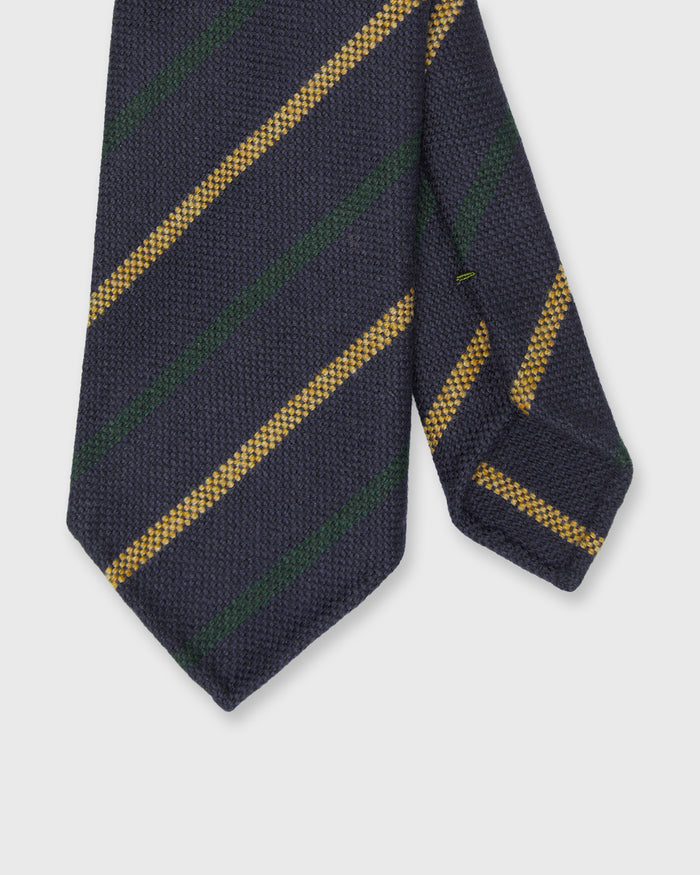 Hand-Rolled Wool Woven Tie in Navy/Forest/Gold Stripe