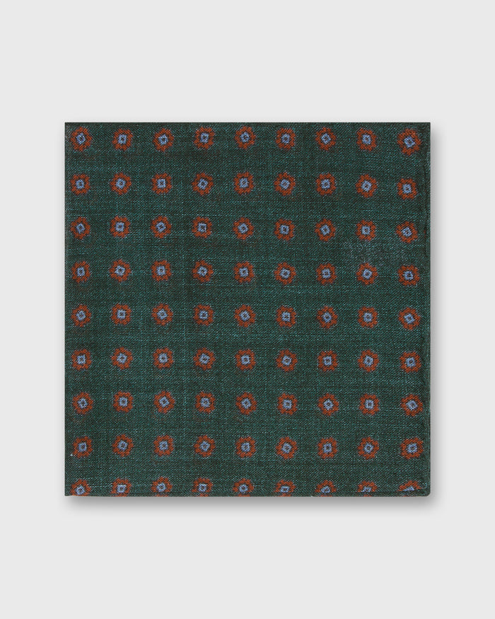 Hand-Rolled Wool/Silk Pocket Square in Green/Orange/Sky Foulard
