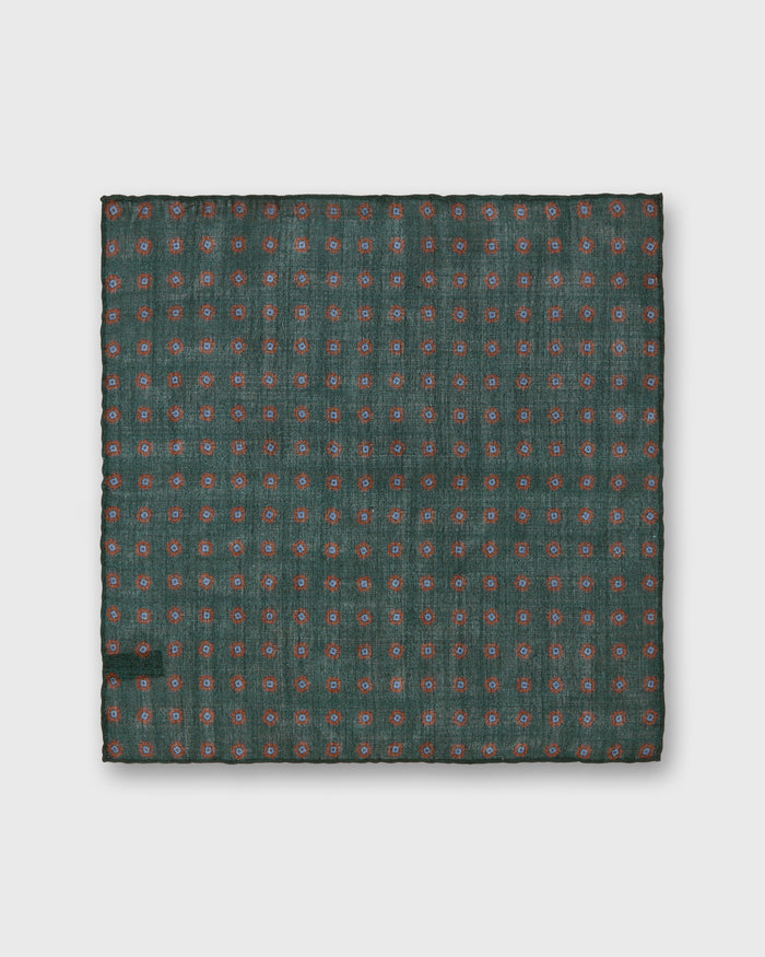 Hand-Rolled Wool/Silk Pocket Square in Green/Orange/Sky Foulard
