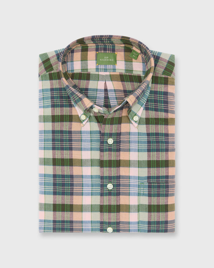 Handmade Button-Down Sport Shirt in Pink/Olive/Navy Madras
