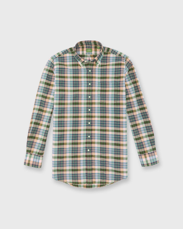 Handmade Button-Down Sport Shirt in Pink/Olive/Navy Madras