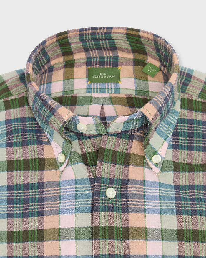 Handmade Button-Down Sport Shirt in Pink/Olive/Navy Madras