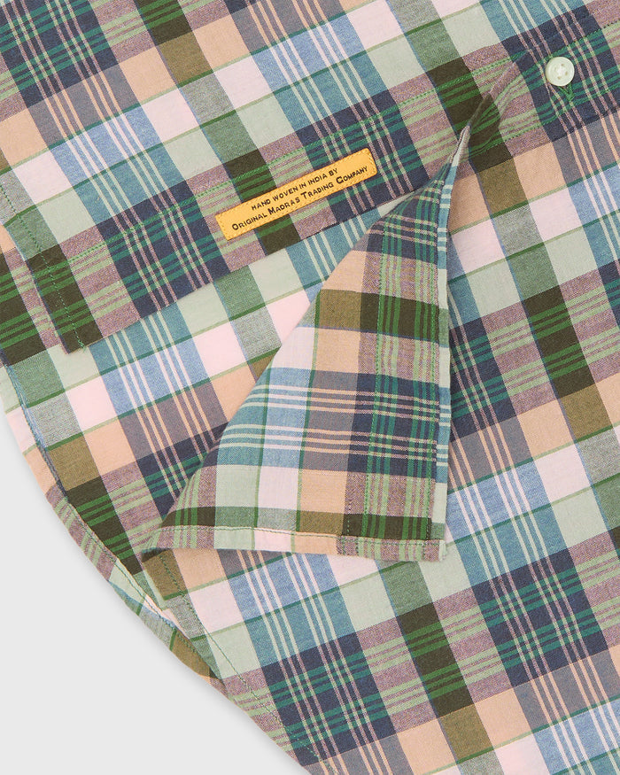 Handmade Button-Down Sport Shirt in Pink/Olive/Navy Madras