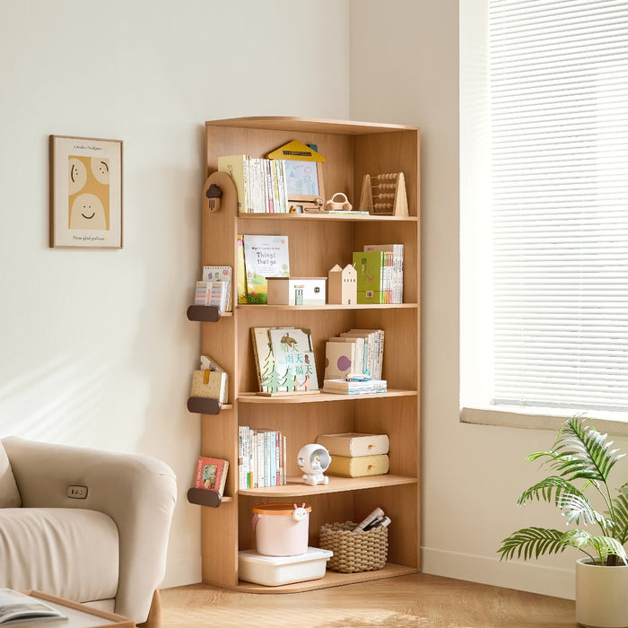 Hazelnut-Shaped Wood Kids' Corner Bookcase in Natural Wood Color