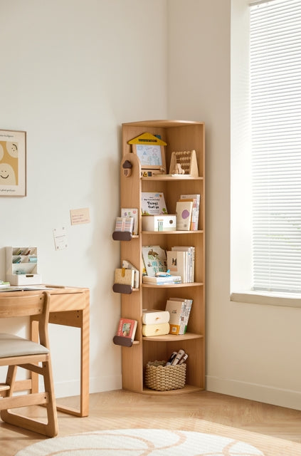 Hazelnut-Shaped Wood Kids' Corner Bookcase in Natural Wood Color
