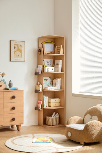 Hazelnut-Shaped Wood Kids' Corner Bookcase in Natural Wood Color