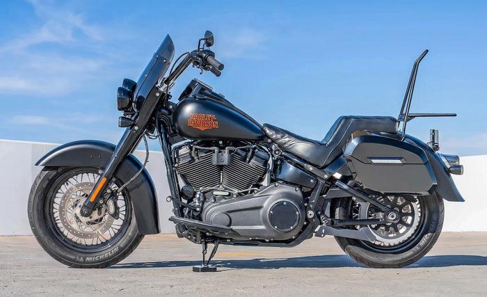Iron Born Blade 25" Sissy Bar for Wide Seat w/ Foldable Rack for Harley Softail Deadwood Matte Black Lifestyle @expand