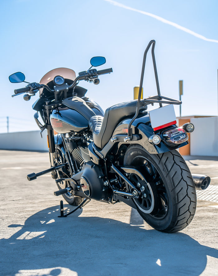 Iron Born Blade 25" Sissy Bar for Wide Seat w/ Foldable Rack for Harley Softail Low Rider S FXLRS Matte Black Lifestyle