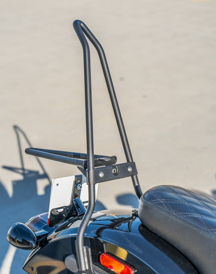 Iron Born Blade 25" Sissy Bar for Wide Seat w/ Foldable Rack for Harley Softail Low Rider S FXLRS Matte Black Lifestyle