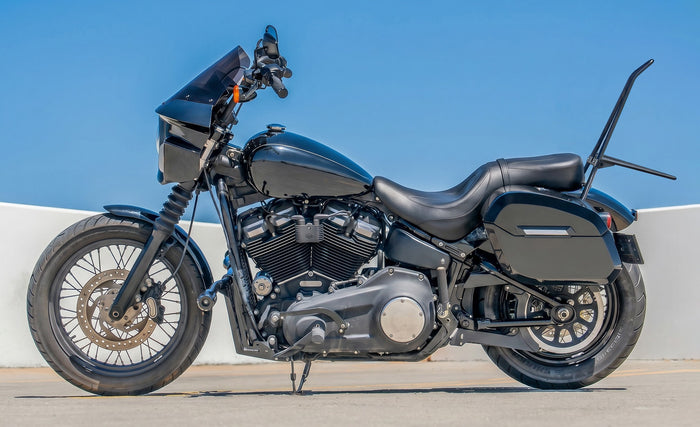 Iron Born Blade 25" Sissy Bar for Wide Seat w/ Foldable Rack for Harley Softail Standard FXST Matte Black Lifestyle @expand