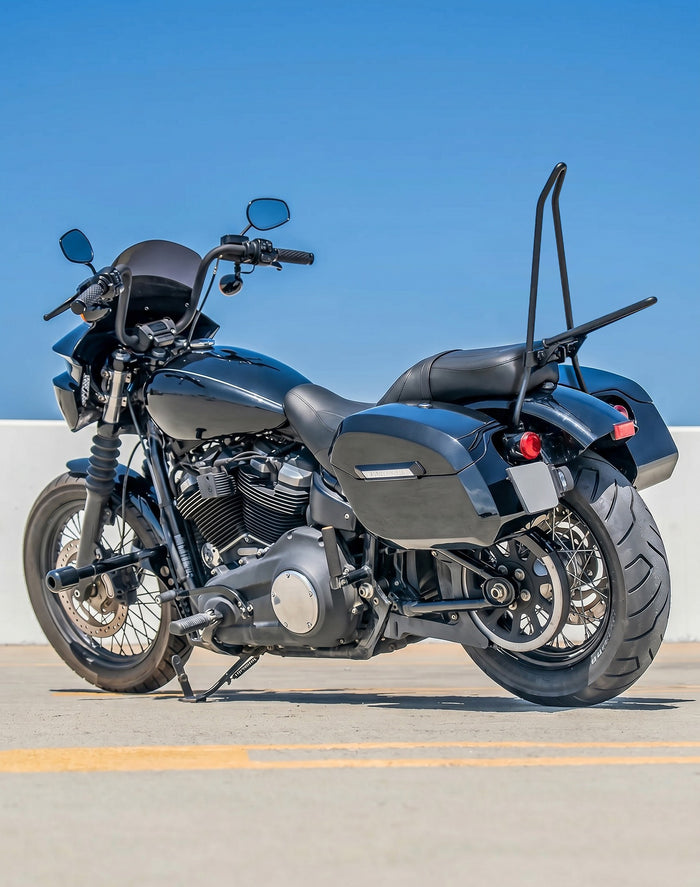 Iron Born Blade 25" Sissy Bar for Wide Seat w/ Foldable Rack for Harley Softail Standard FXST Matte Black Lifestyle