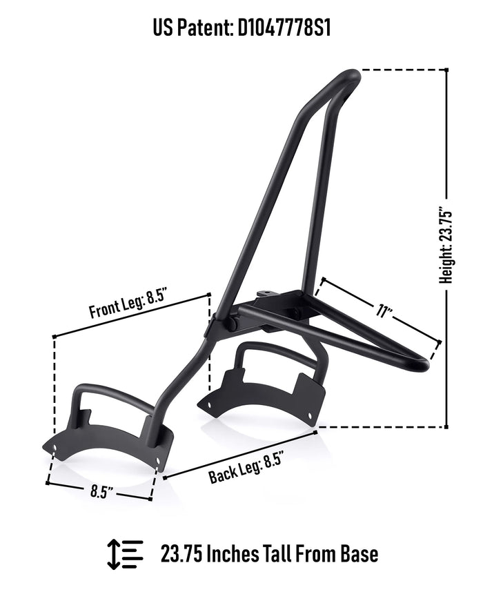 Iron Born Blade 25" Sissy Bar with Foldable Luggage Rack for 2025 Indian Scout Sixty Bobber Matte Black Dimension