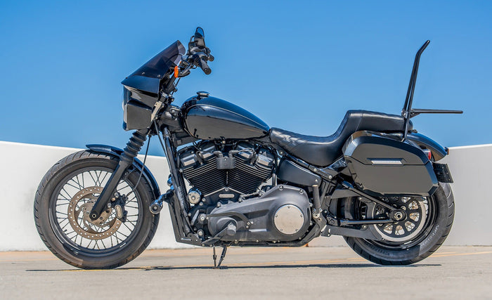 Iron Born Blade 25" Sissy Bar with Foldable Luggage Rack for Harley Softail Slim FLSL Matte Black Lifestyle @expand