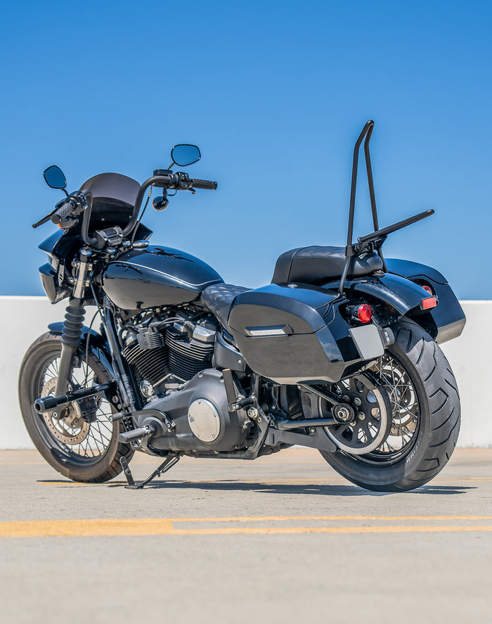 Iron Born Blade 25" Sissy Bar with Foldable Luggage Rack for Harley Softail Slim FLSL Matte Black Lifestyle