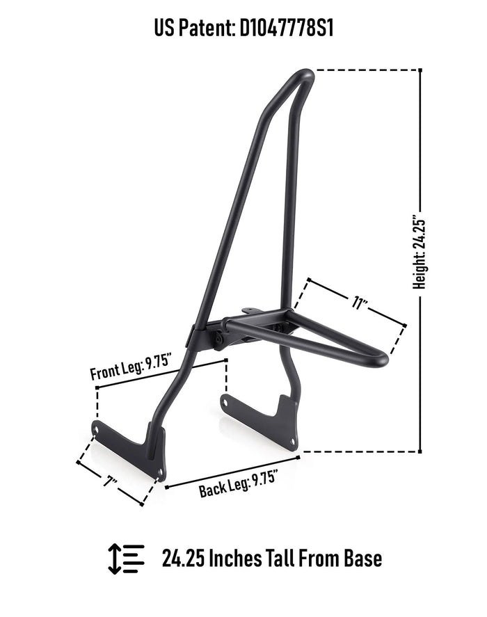 Iron Born Blade 25" Sissy Bar with Foldable Luggage Rack for Harley Softail Street Bob Matte Black Dimension