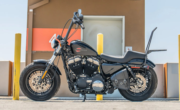 Iron Born Blade 25" Sissy Bar with Foldable Luggage Rack for Harley Sportster Forty Eight Matte Black Lifestyle @expand