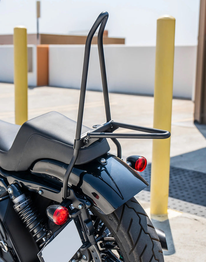 Iron Born Blade 25" Sissy Bar with Foldable Luggage Rack for Harley Sportster Forty Eight Matte Black Vertical Lifestyle
