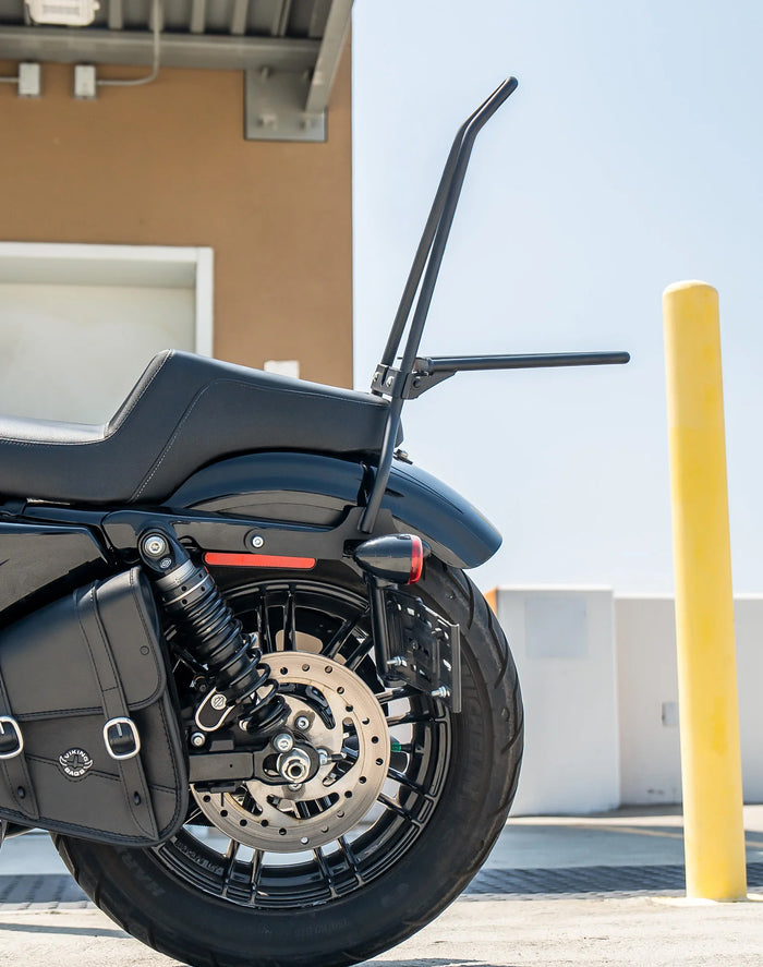 Iron Born Blade 25" Sissy Bar with Foldable Luggage Rack for Harley Sportster Forty Eight Matte Black Vertical Lifestyle