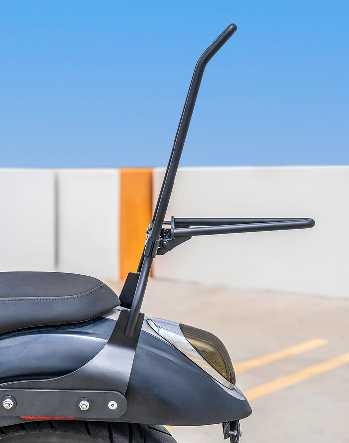 Iron Born Blade 25" Sissy Bar with Foldable Luggage Rack for Kawasaki Vulcan 900 Custom, VN900C Matte Black Lifestyle