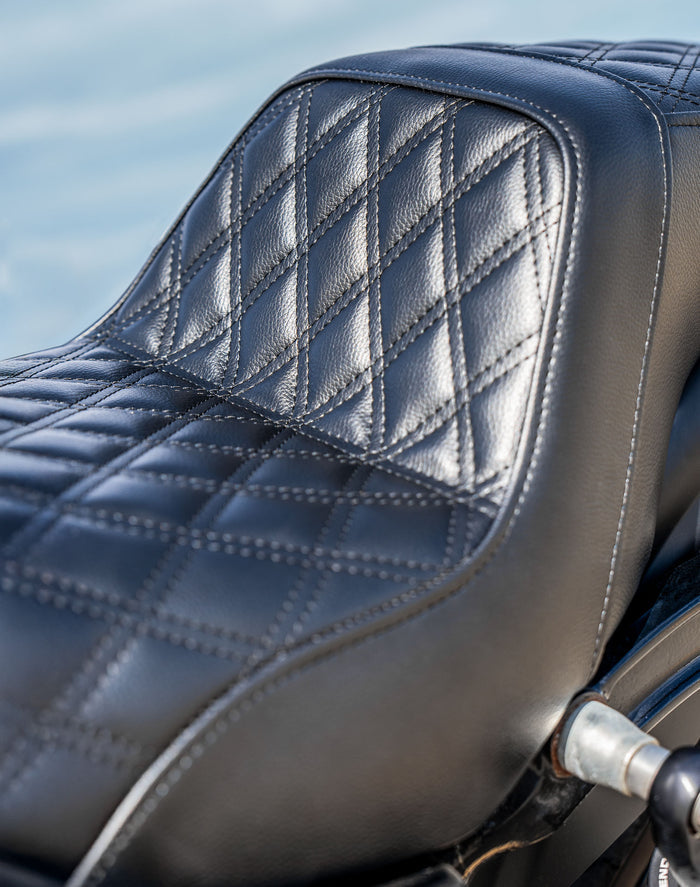 Iron Born Diamond Stitch 2-Up Seat for Harley Dyna Super Glide Custom FXDC/I Black Vertical Lifestyle