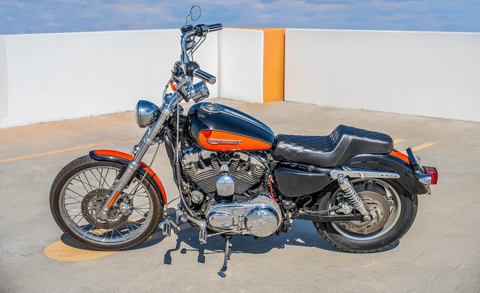 Iron Born Diamond Stitch 2-Up Seat For Harley Sportster 1200 Custom XL1200C Black Lifestyle @expand