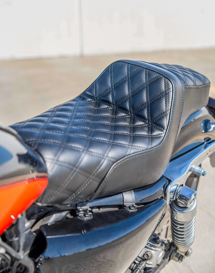 Iron Born Diamond Stitch 2-Up Seat For Harley Sportster 1200 Custom XL1200C Black Lifestyle