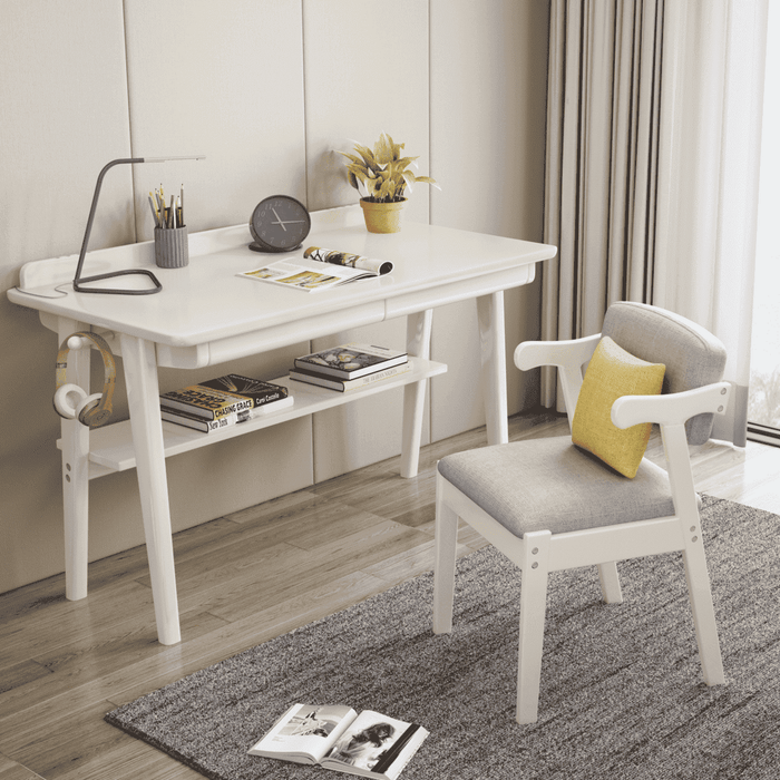 Kemo Solid Timber Study Chair/Dining Chair /Rubberwood/Cotton and Linen/White