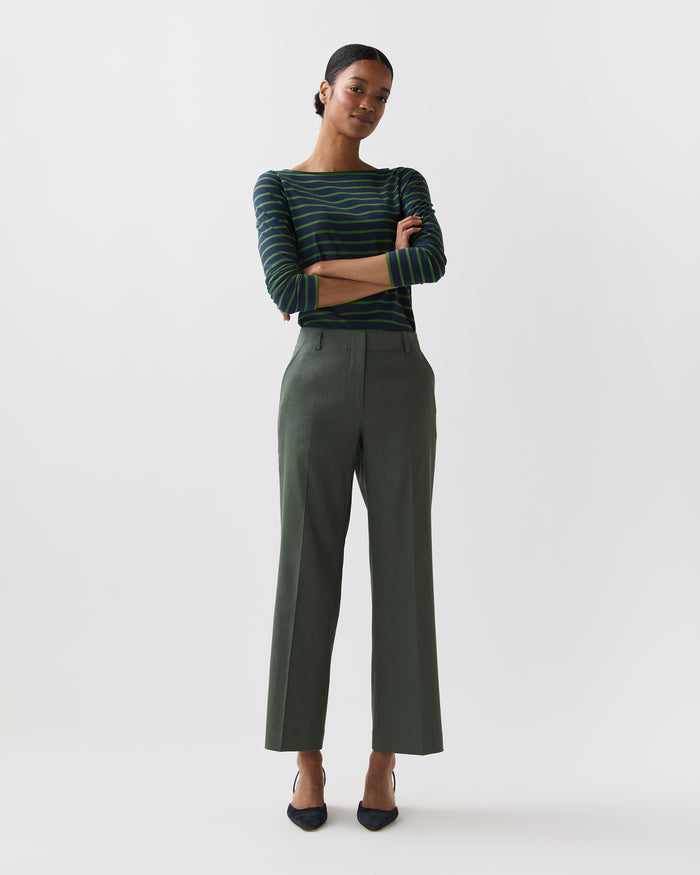 Long-Sleeved Boatneck Tee in Navy/Green Stripe Jersey