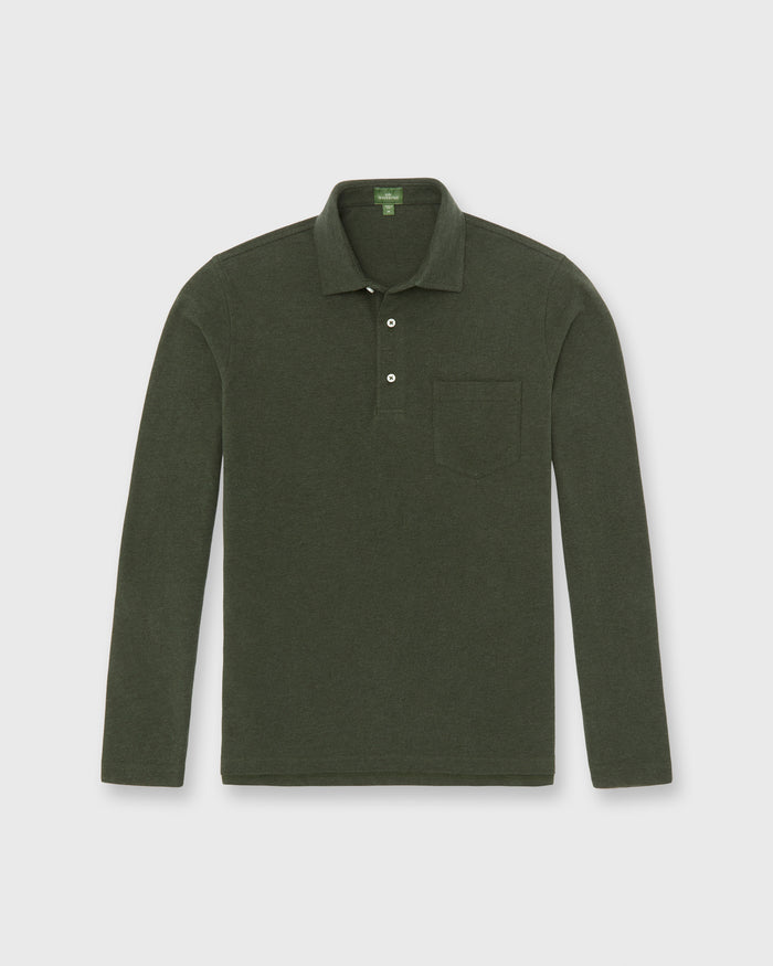 Long-Sleeved Polo in Heather Olive Pima Pique