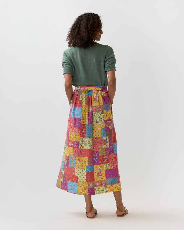 Mathilde Maxi Skirt in Multi Divali Patch Rustic Poplin