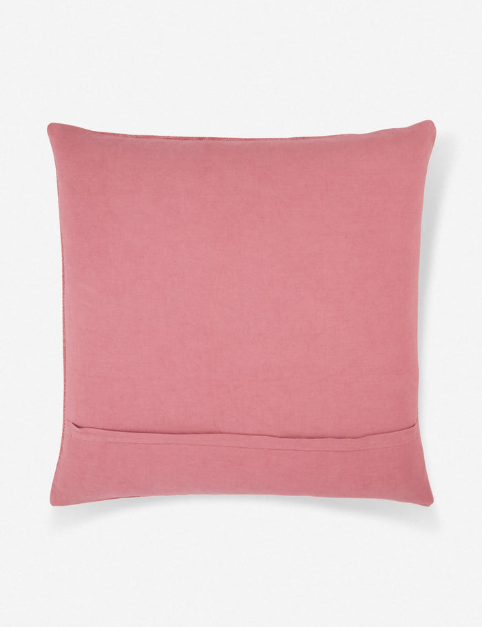 #color::pink #insert::down #insert::polyester | Rear view of the Mirana pink throw pillow with an arabesque pattern and a woven cotton front
