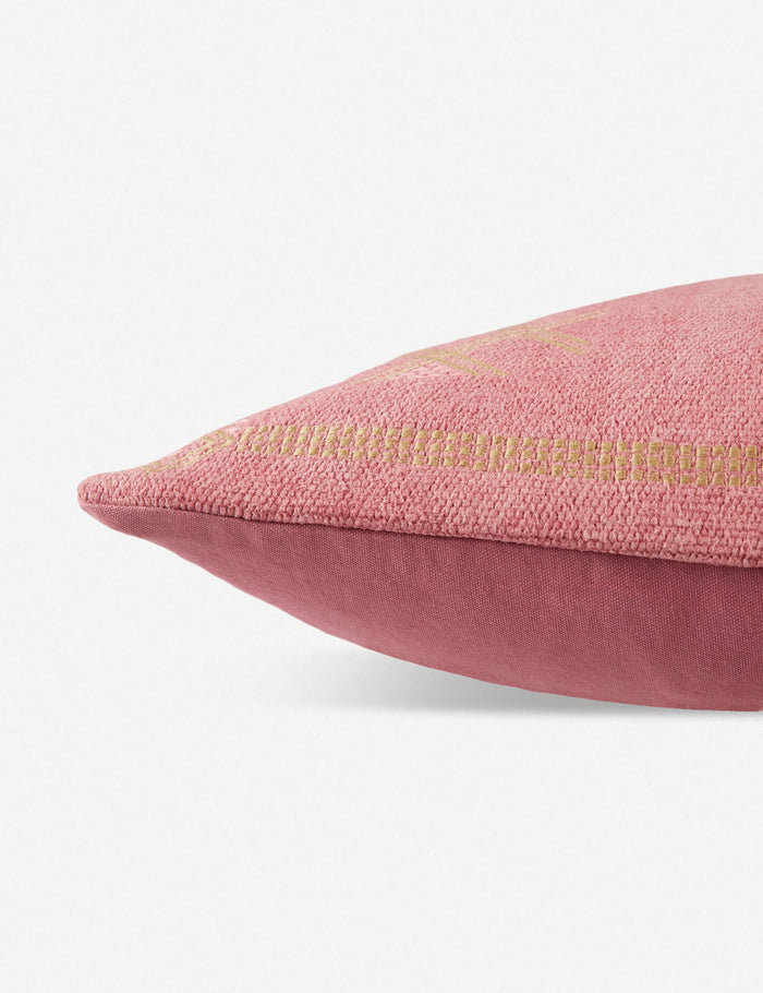 #color::pink #insert::down #insert::polyester | Side view of the Mirana pink throw pillow with an arabesque pattern and a woven cotton front