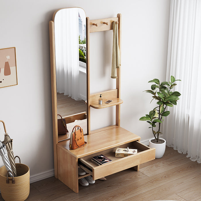 Natural Wood Shoe Bench Coat Rack With Mirror/Entrance Hanger