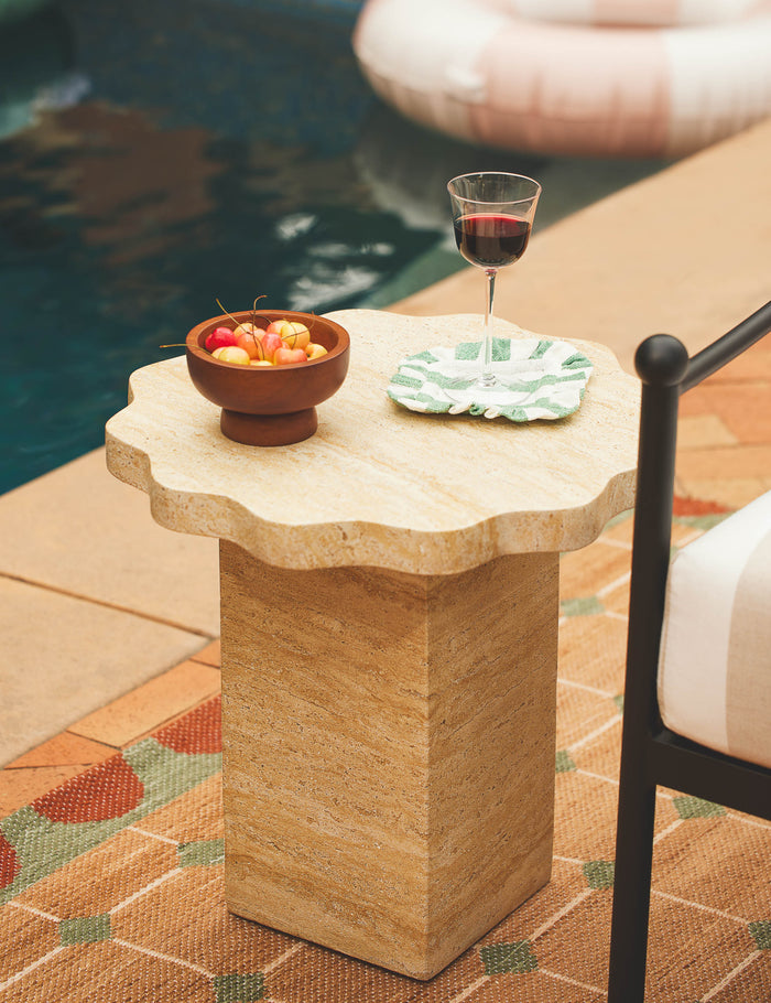 Open Box: Scalloped Indoor / Outdoor Side Table, Beige Marble by Sarah Sherman Samuel