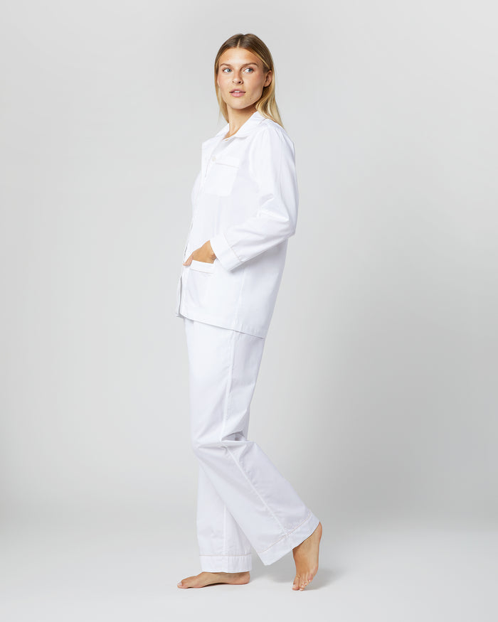 Pajama Set in White Poplin/Pink Trim